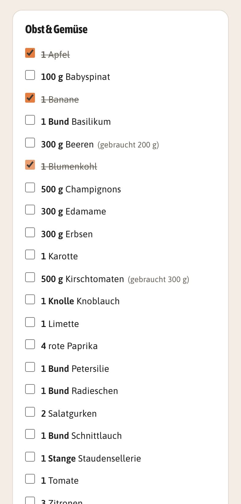 Einkaufsliste nach Abteilungen mit abgehakten Zutaten