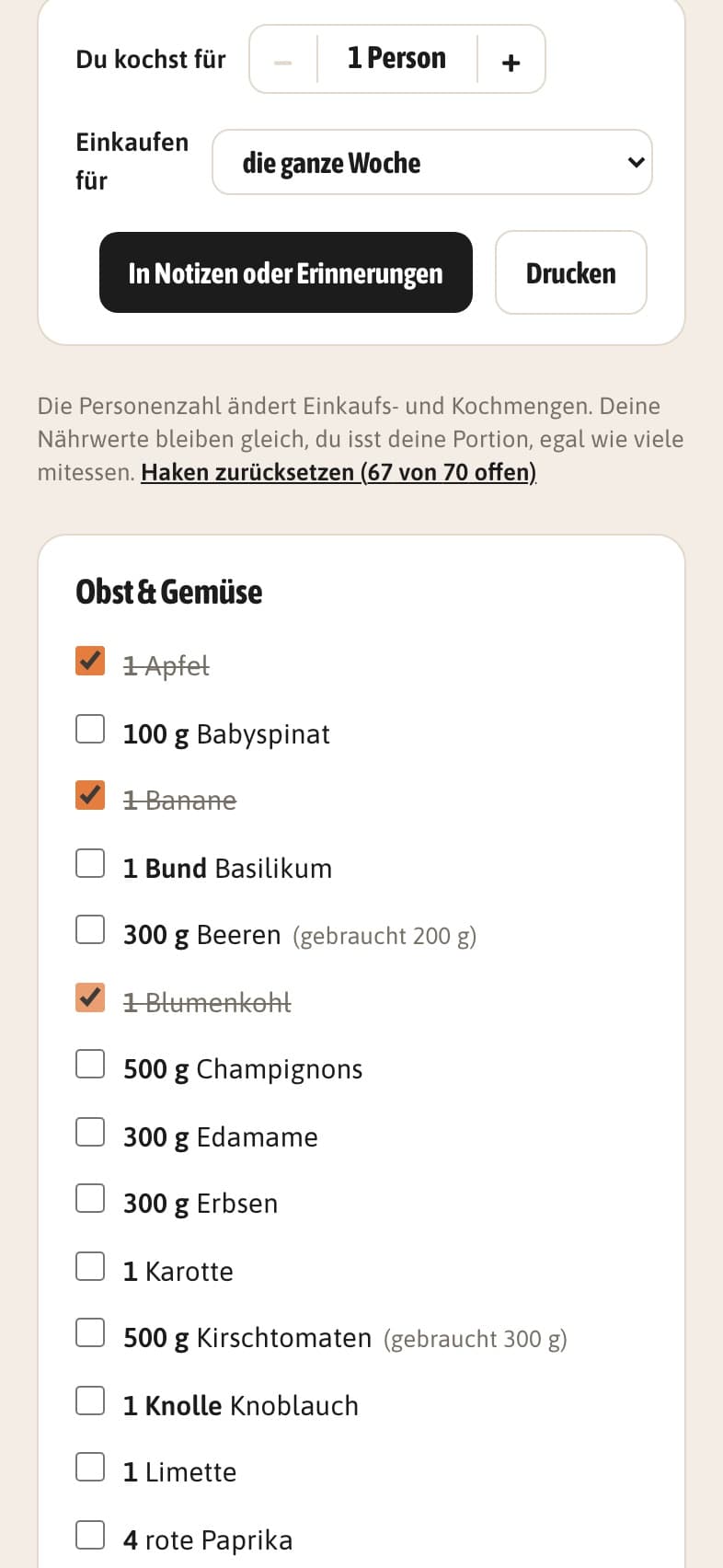 Einkaufsliste nach Abteilungen sortiert, einzelne Posten abgehakt