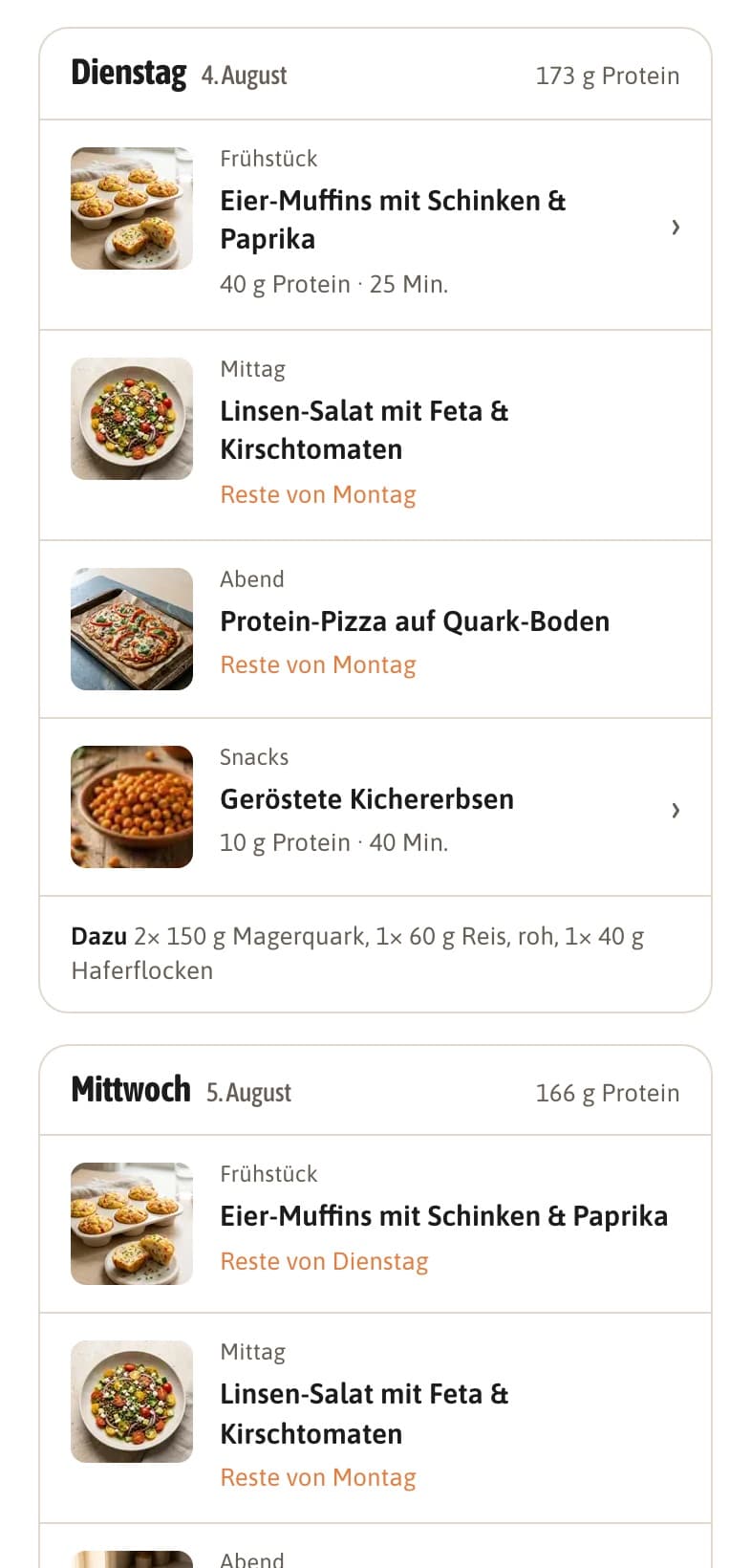Wochenplan mit Mahlzeiten und eingeplanten Resten