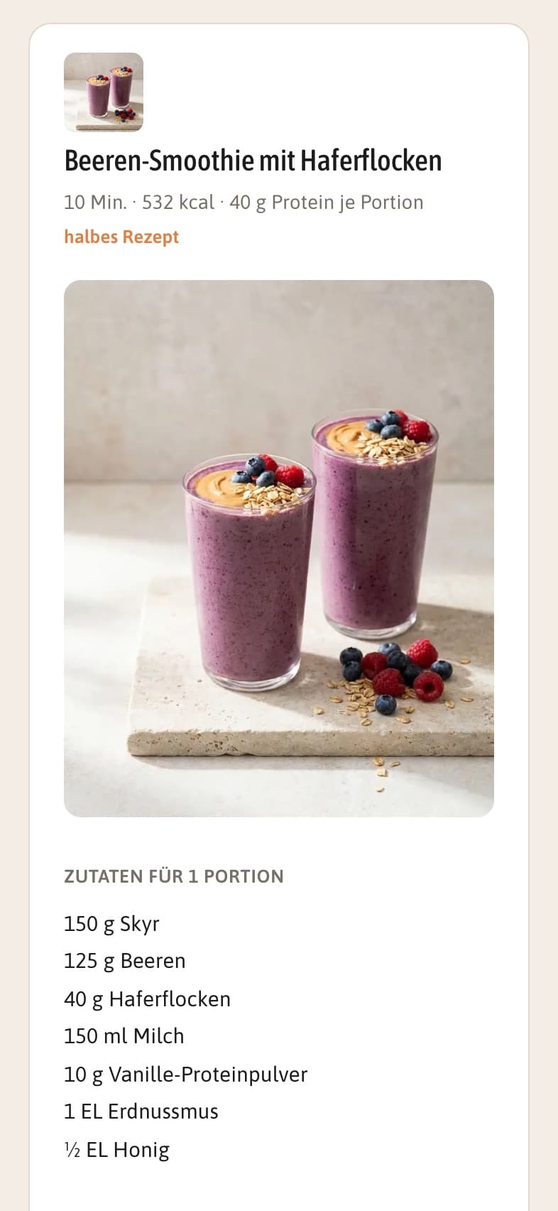 Rezeptansicht mit Foto, Zeit, Kalorien, Protein und Zutaten