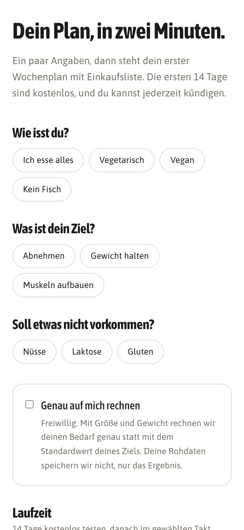 Formular mit den Fragen zu Ernährung, Ziel und Ausschlüssen