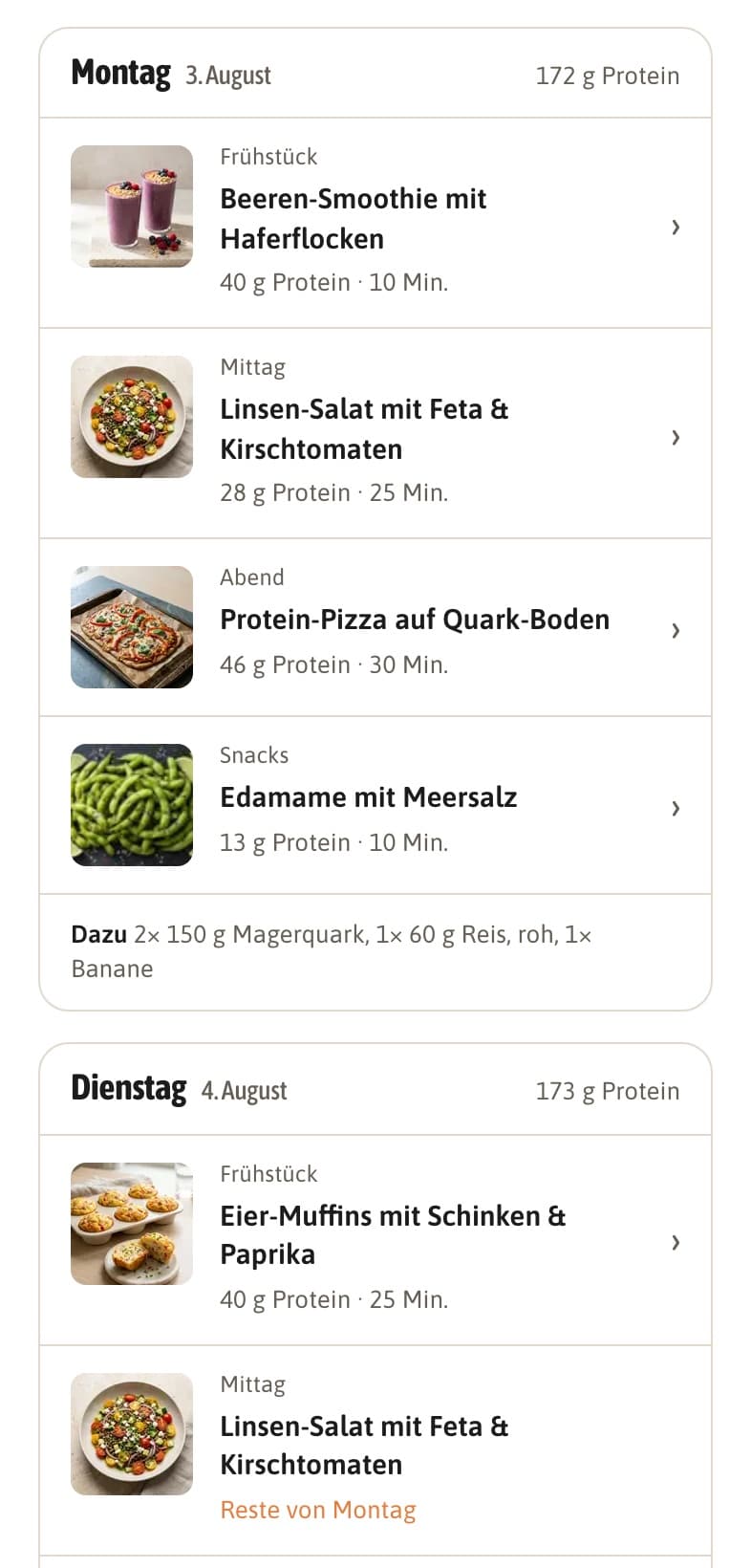 Ein Tag aus dem Wochenplan mit vier Mahlzeiten, Rezepten und Nährwerten