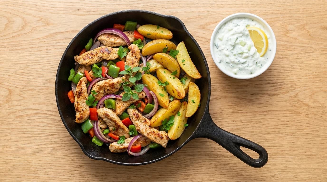 Gyros-Pfanne mit Tzatziki