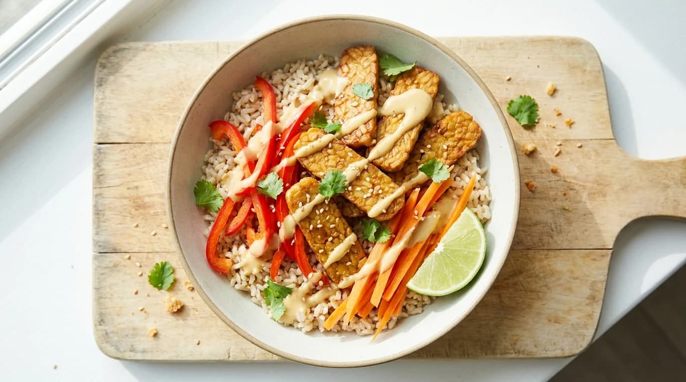 Tempeh-Bowl mit Erdnusssauce
