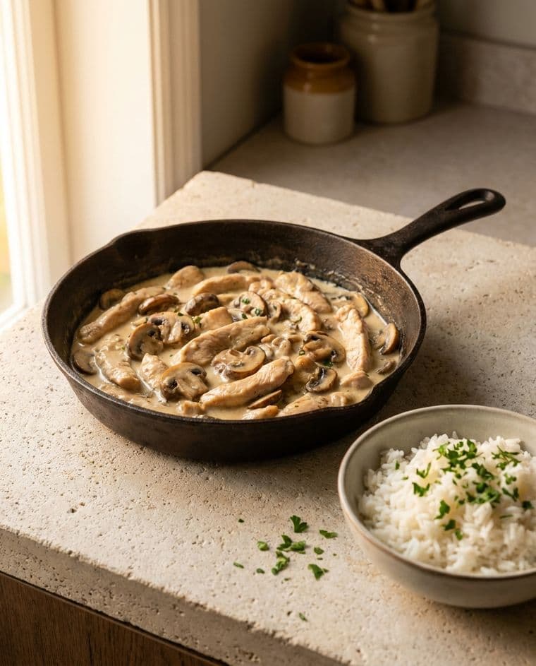 Puten-Geschnetzeltes mit Champignons & Reis