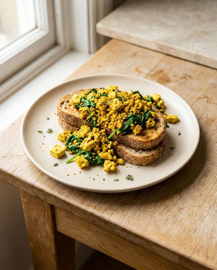 Tofu-Rührei mit Spinat auf Vollkornbrot
